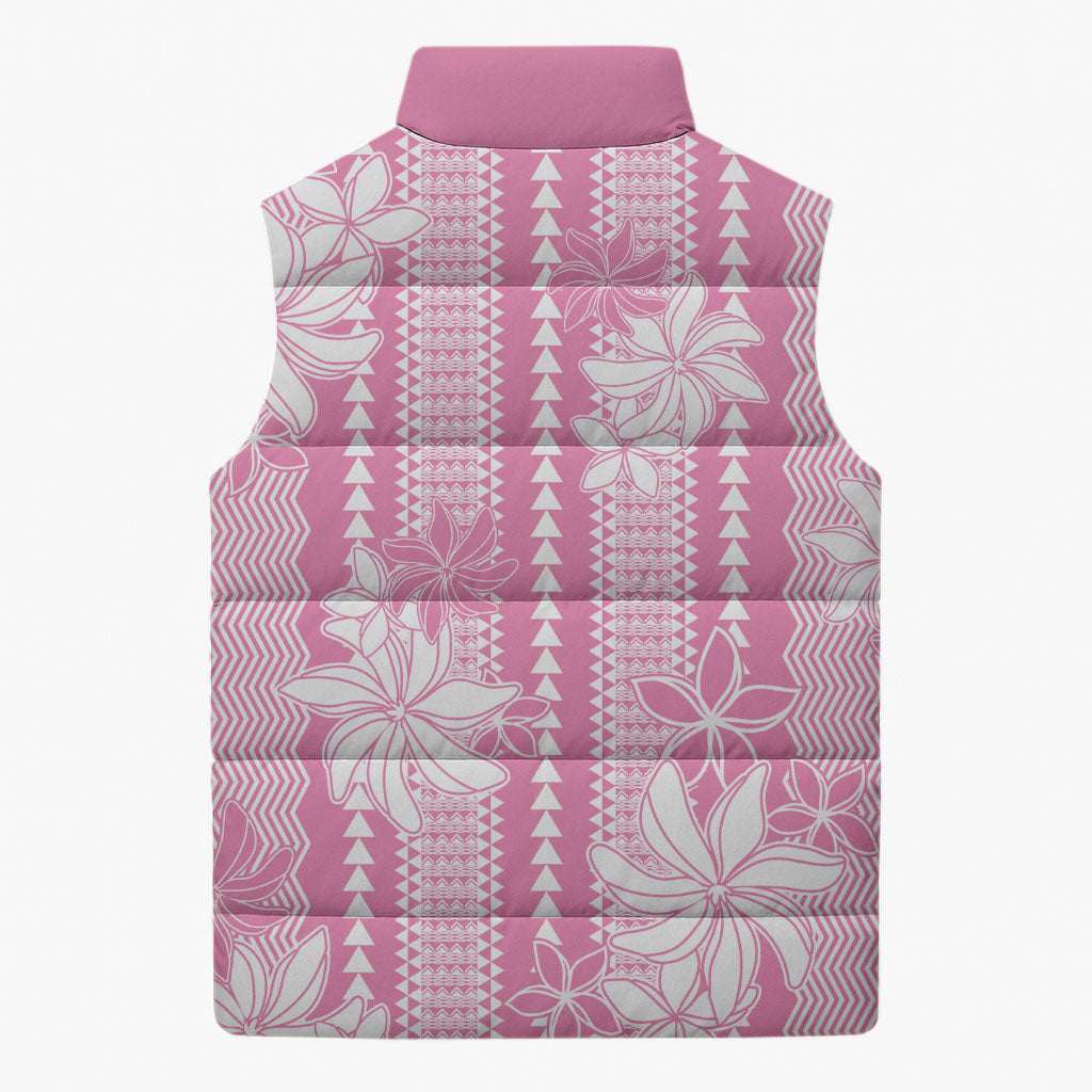 Hawaii Kakau Tribal Sleeveless Puffer Jacket With Pink Tiare