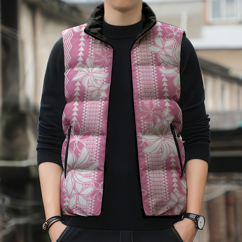 Hawaii Kakau Tribal Sleeveless Puffer Jacket With Pink Tiare