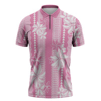 Hawaii Kakau Tribal Zipper Polo Shirt With Pink Tiare