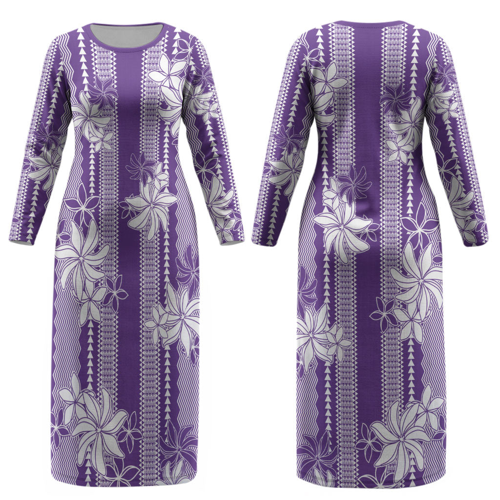 Hawaii Kakau Tribal Couples Matching Long Sleeve Bodycon Dress and Long Sleeve Button Shirt With Purple Tiare LT05 - Polynesian Pride