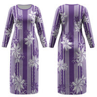 Hawaii Kakau Tribal Couples Matching Long Sleeve Bodycon Dress and Long Sleeve Button Shirt With Purple Tiare LT05 - Polynesian Pride