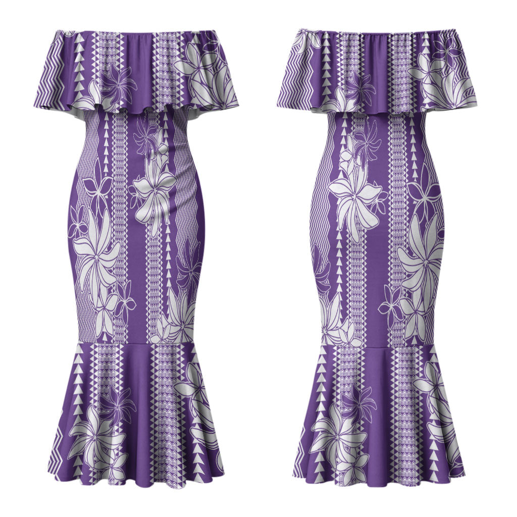 Hawaii Kakau Tribal Couples Matching Mermaid Dress and Long Sleeve Button Shirt With Purple Tiare LT05 - Polynesian Pride