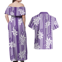 Hawaii Kakau Tribal Couples Matching Off Shoulder Maxi Dress and Hawaiian Shirt With Purple Tiare
