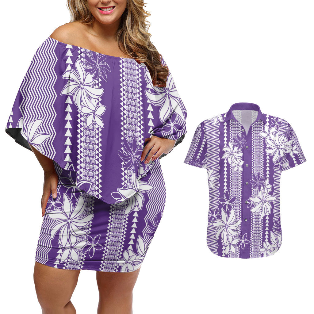 Hawaii Kakau Tribal Couples Matching Off Shoulder Short Dress and Hawaiian Shirt With Purple Tiare