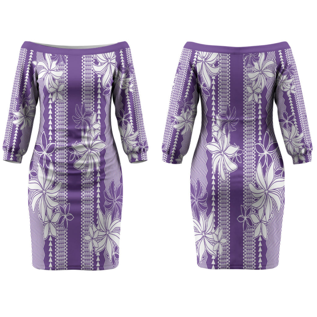 Hawaii Kakau Tribal Couples Matching Off The Shoulder Long Sleeve Dress and Hawaiian Shirt With Purple Tiare LT05 - Polynesian Pride