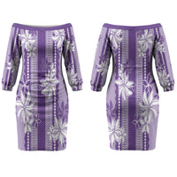 Hawaii Kakau Tribal Couples Matching Off The Shoulder Long Sleeve Dress and Long Sleeve Button Shirt With Purple Tiare LT05 - Polynesian Pride