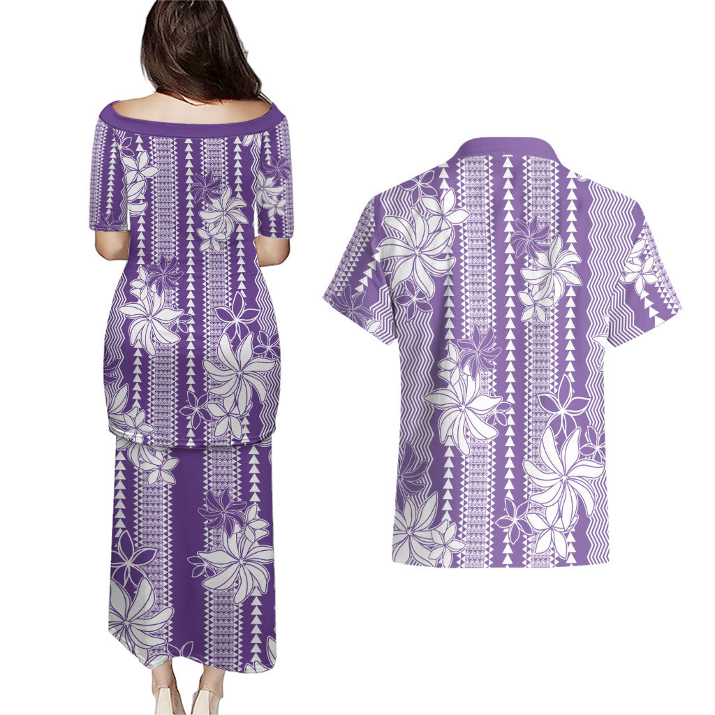 Hawaii Kakau Tribal Couples Matching Puletasi and Hawaiian Shirt With Purple Tiare