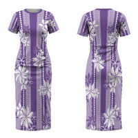 Hawaii Kakau Tribal Couples Matching Short Sleeve Bodycon Dress and Hawaiian Shirt With Purple Tiare LT05 - Polynesian Pride