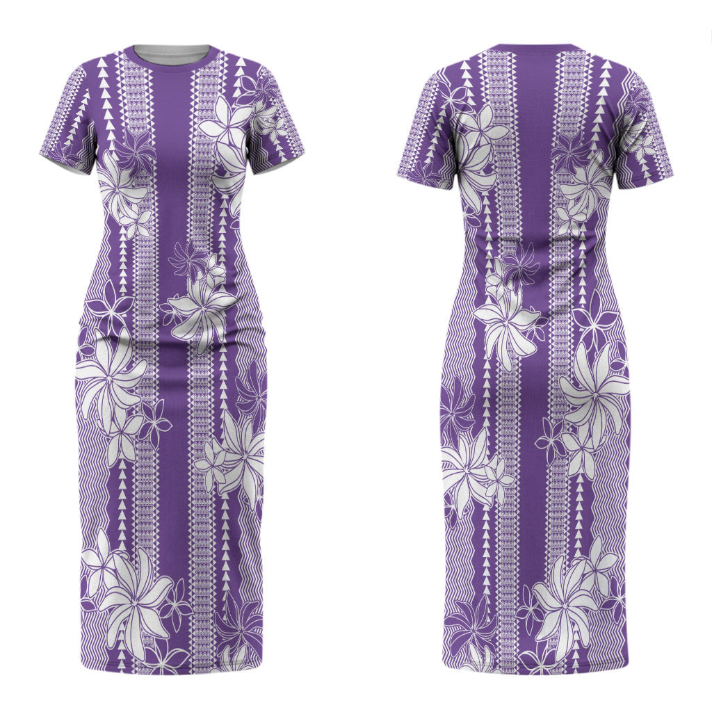 Hawaii Kakau Tribal Couples Matching Short Sleeve Bodycon Dress and Long Sleeve Button Shirt With Purple Tiare LT05 - Polynesian Pride