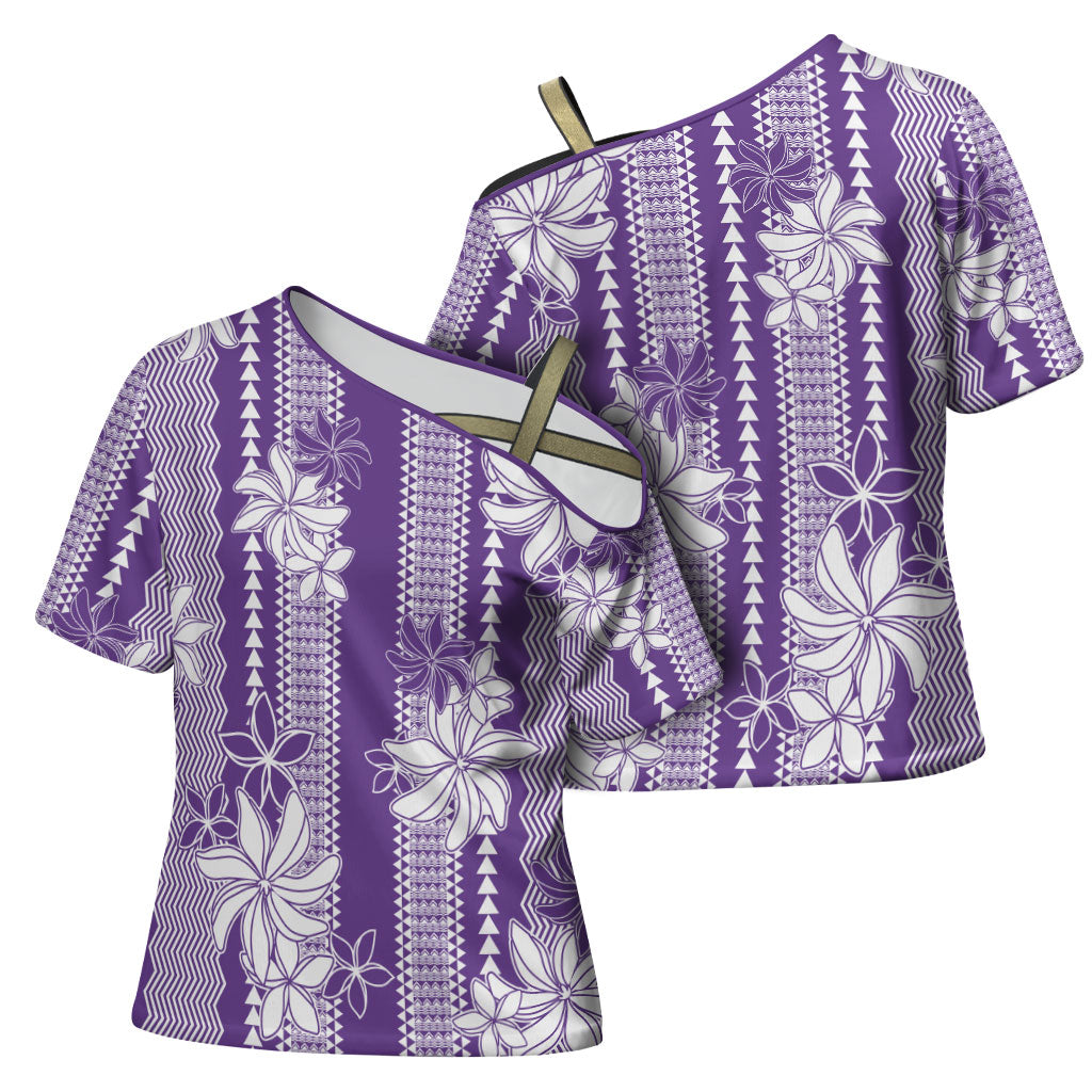 Hawaii Kakau Tribal Cross Shoulder Shirt With Purple Tiare