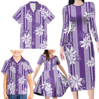 Hawaii Kakau Tribal Family Matching Long Sleeve Bodycon Dress and Hawaiian Shirt With Purple Tiare LT05 - Polynesian Pride