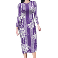 Hawaii Kakau Tribal Family Matching Long Sleeve Bodycon Dress and Hawaiian Shirt With Purple Tiare LT05 Mom's Dress Purple - Polynesian Pride