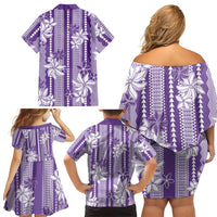 Hawaii Kakau Tribal Family Matching Off Shoulder Short Dress and Hawaiian Shirt With Purple Tiare LT05 - Polynesian Pride