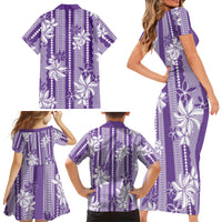 Hawaii Kakau Tribal Family Matching Short Sleeve Bodycon Dress and Hawaiian Shirt With Purple Tiare LT05 - Polynesian Pride