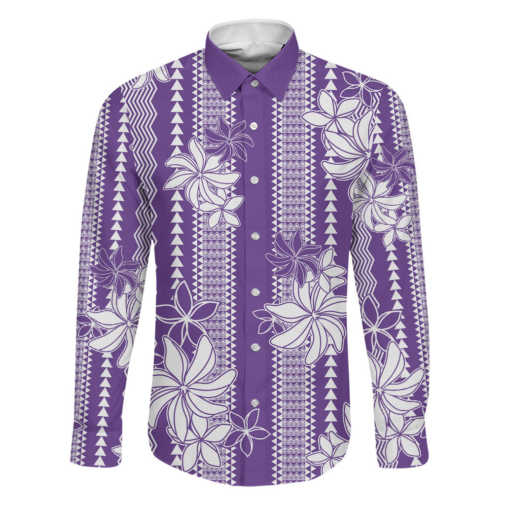 Hawaii Kakau Tribal Family Matching Tank Maxi Dress and Hawaiian Shirt With Purple Tiare LT05 Dad's Shirt - Long Sleeve Purple - Polynesian Pride