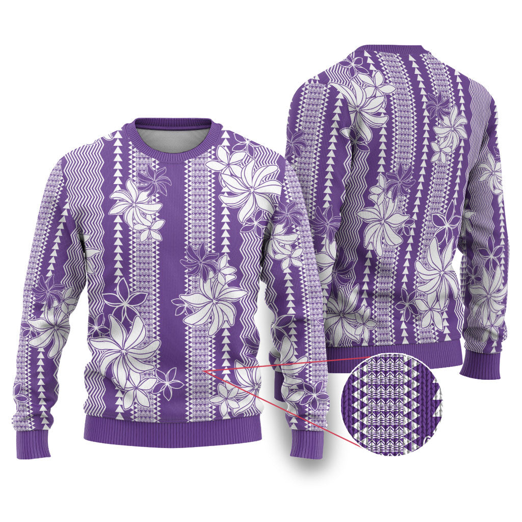Hawaii Kakau Tribal Ugly Christmas Sweater With Purple Tiare LT05 Purple - Polynesian Pride