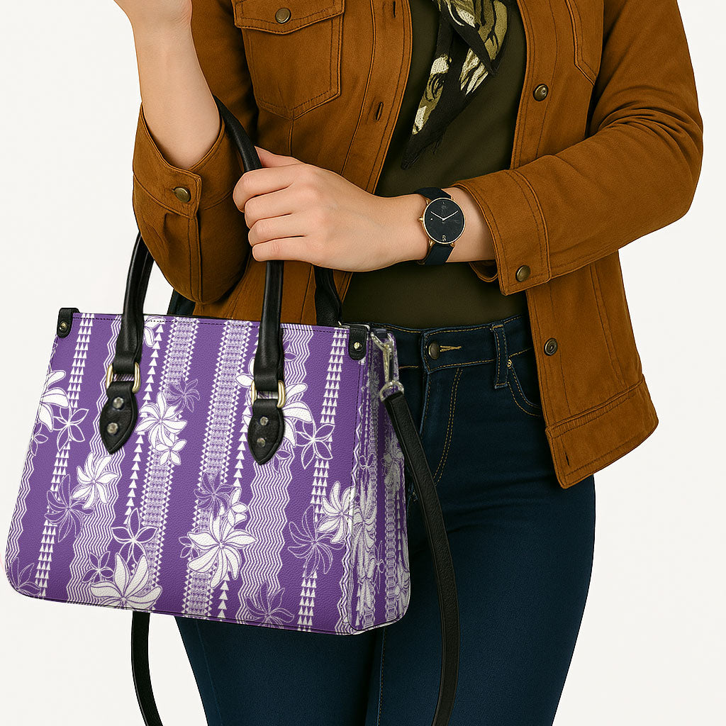 Hawaii Kakau Tribal Leather Bag With Purple Tiare
