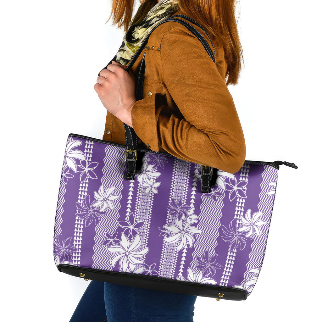 Hawaii Kakau Tribal Leather Tote Bag With Purple Tiare
