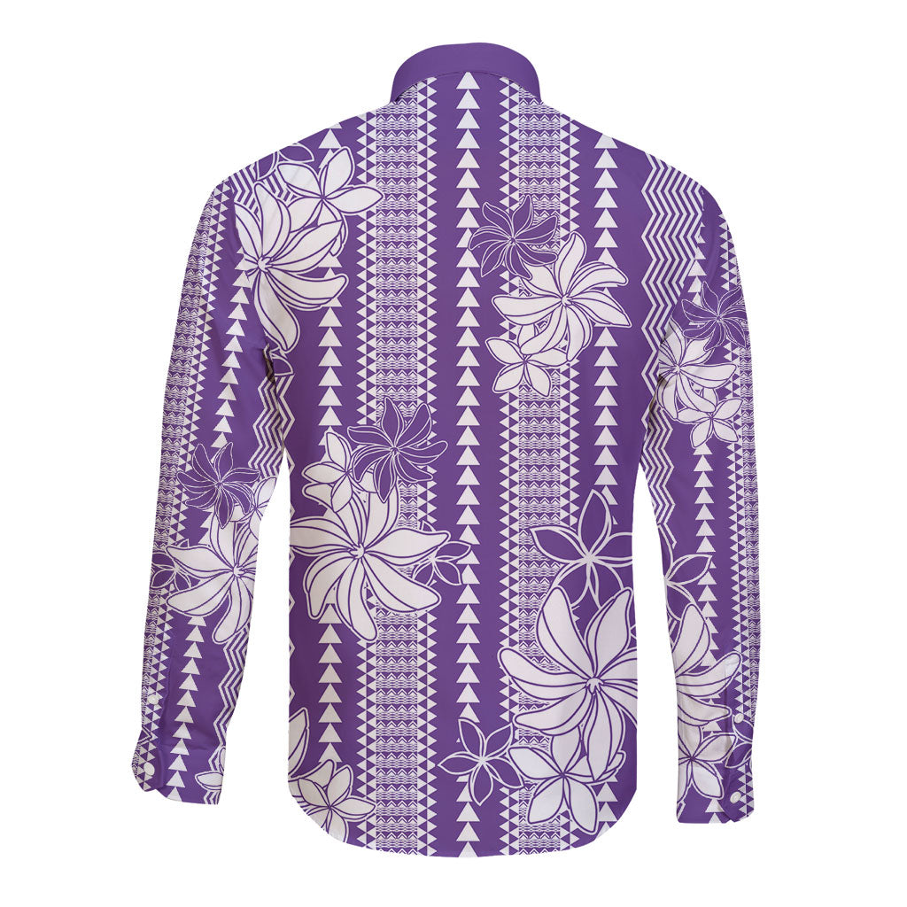 Hawaii Kakau Tribal Long Sleeve Button Shirt With Purple Tiare