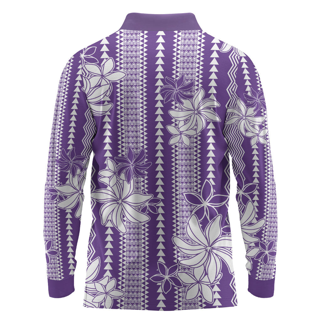 Hawaii Kakau Tribal Long Sleeve Polo Shirt With Purple Tiare