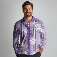 Hawaii Kakau Tribal Long Sleeve Polo Shirt With Purple Tiare