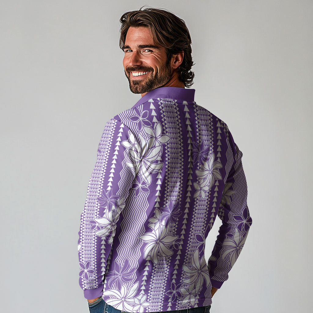 Hawaii Kakau Tribal Long Sleeve Polo Shirt With Purple Tiare