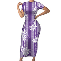 Hawaii Kakau Tribal Short Sleeve Bodycon Dress With Purple Tiare