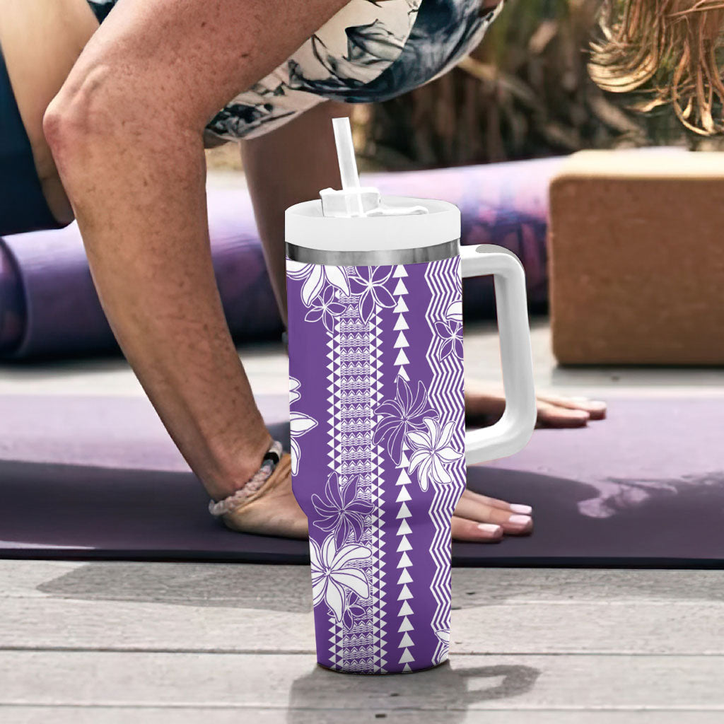 Hawaii Kakau Tribal Tumbler With Handle With Purple Tiare