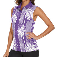 Hawaii Kakau Tribal Women Sleeveless Polo Shirt With Purple Tiare