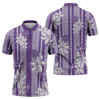 Hawaii Kakau Tribal Zipper Polo Shirt With Purple Tiare