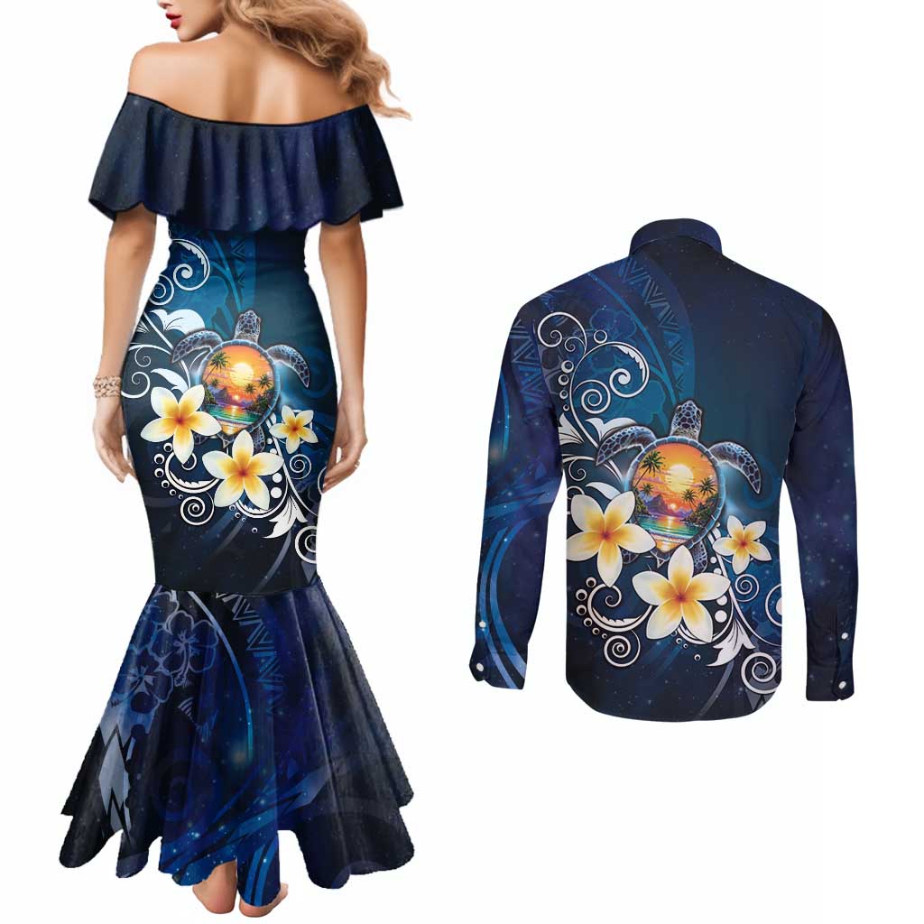 Hawaii Honu Couples Matching Mermaid Dress and Long Sleeve Button Shirt Polynesian Curves Plumeria - Polynesian Pride