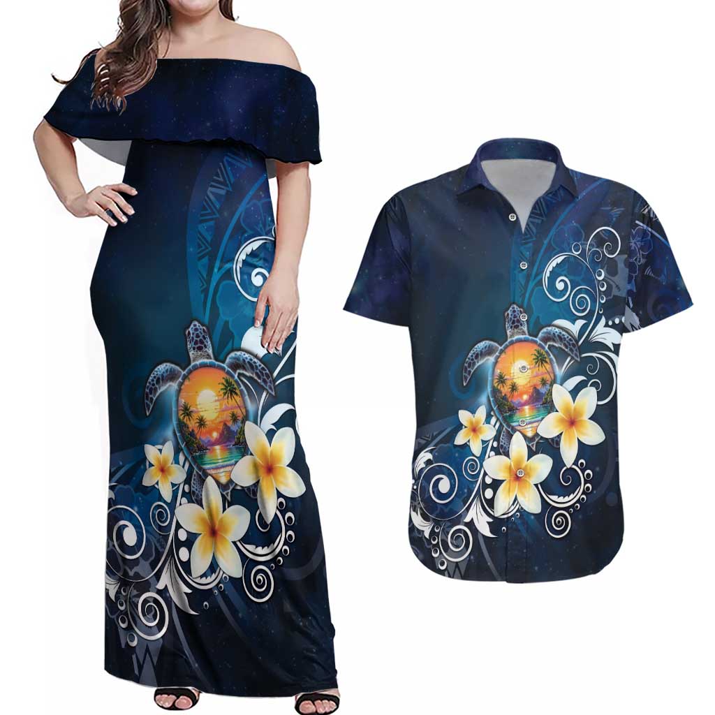 Hawaii Honu Couples Matching Off Shoulder Maxi Dress and Hawaiian Shirt Polynesian Curves Plumeria - Polynesian Pride