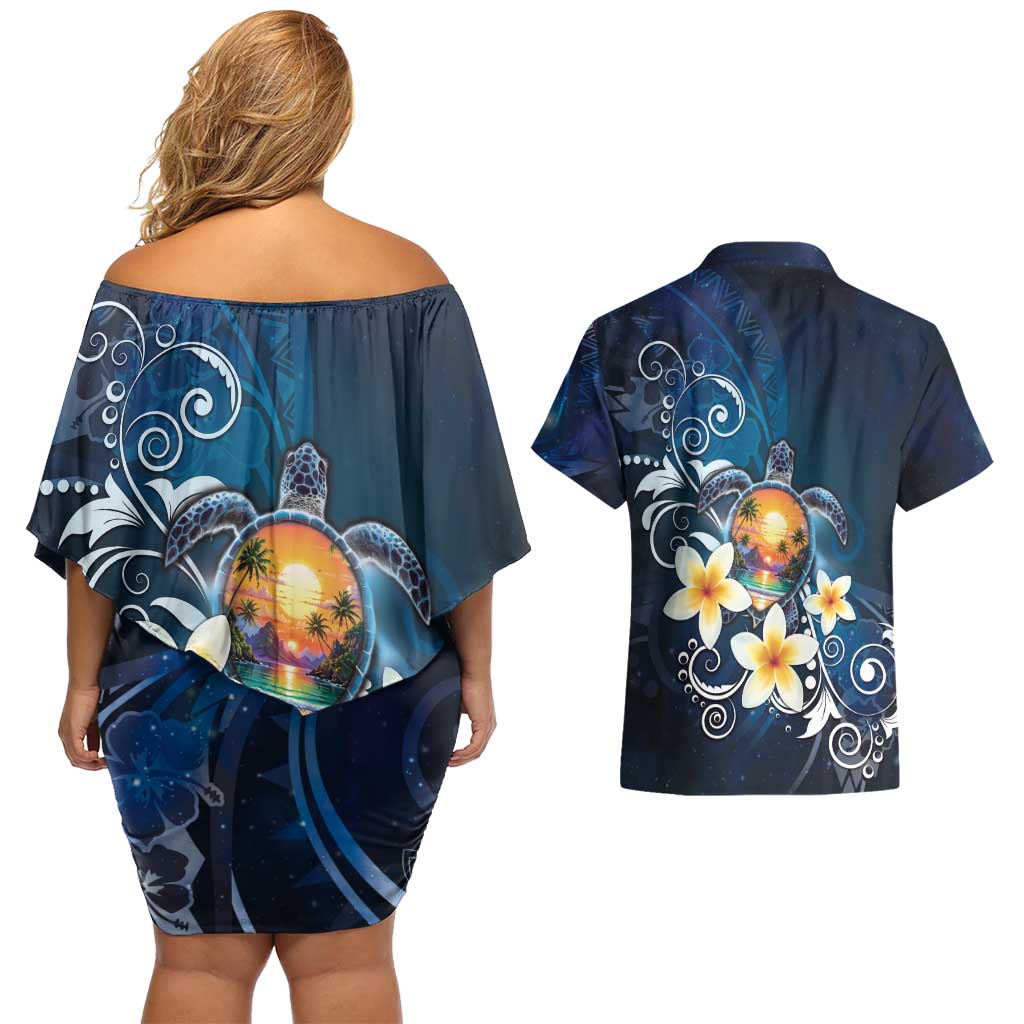 Hawaii Honu Couples Matching Off Shoulder Short Dress and Hawaiian Shirt Polynesian Curves Plumeria - Polynesian Pride