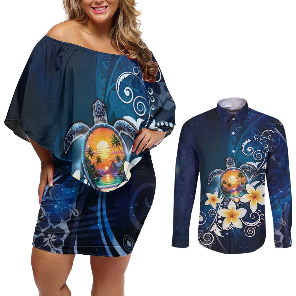 Hawaii Honu Couples Matching Off Shoulder Short Dress and Long Sleeve Button Shirt Polynesian Curves Plumeria - Polynesian Pride