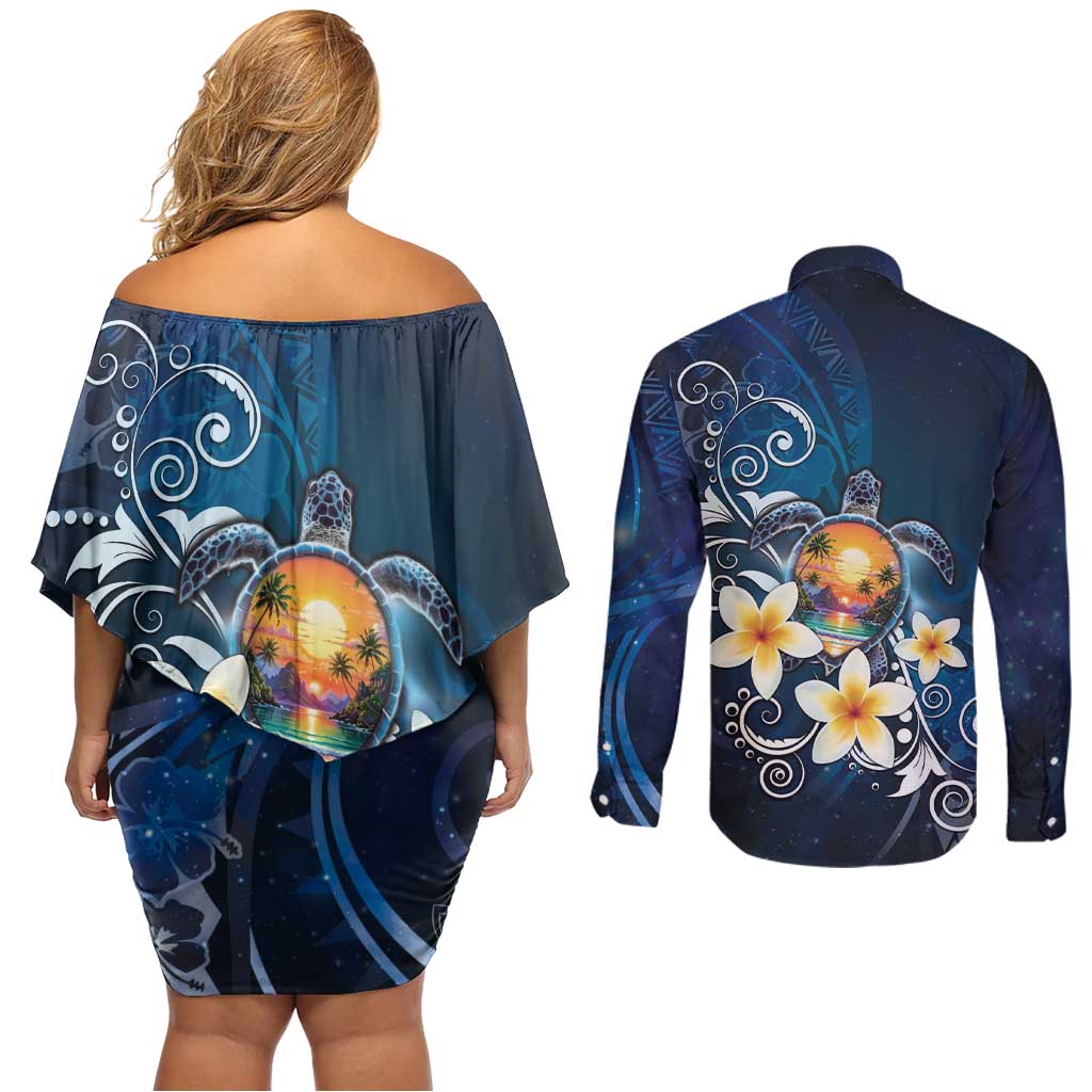 Hawaii Honu Couples Matching Off Shoulder Short Dress and Long Sleeve Button Shirt Polynesian Curves Plumeria - Polynesian Pride