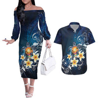 Hawaii Honu Couples Matching Off The Shoulder Long Sleeve Dress and Hawaiian Shirt Polynesian Curves Plumeria - Polynesian Pride