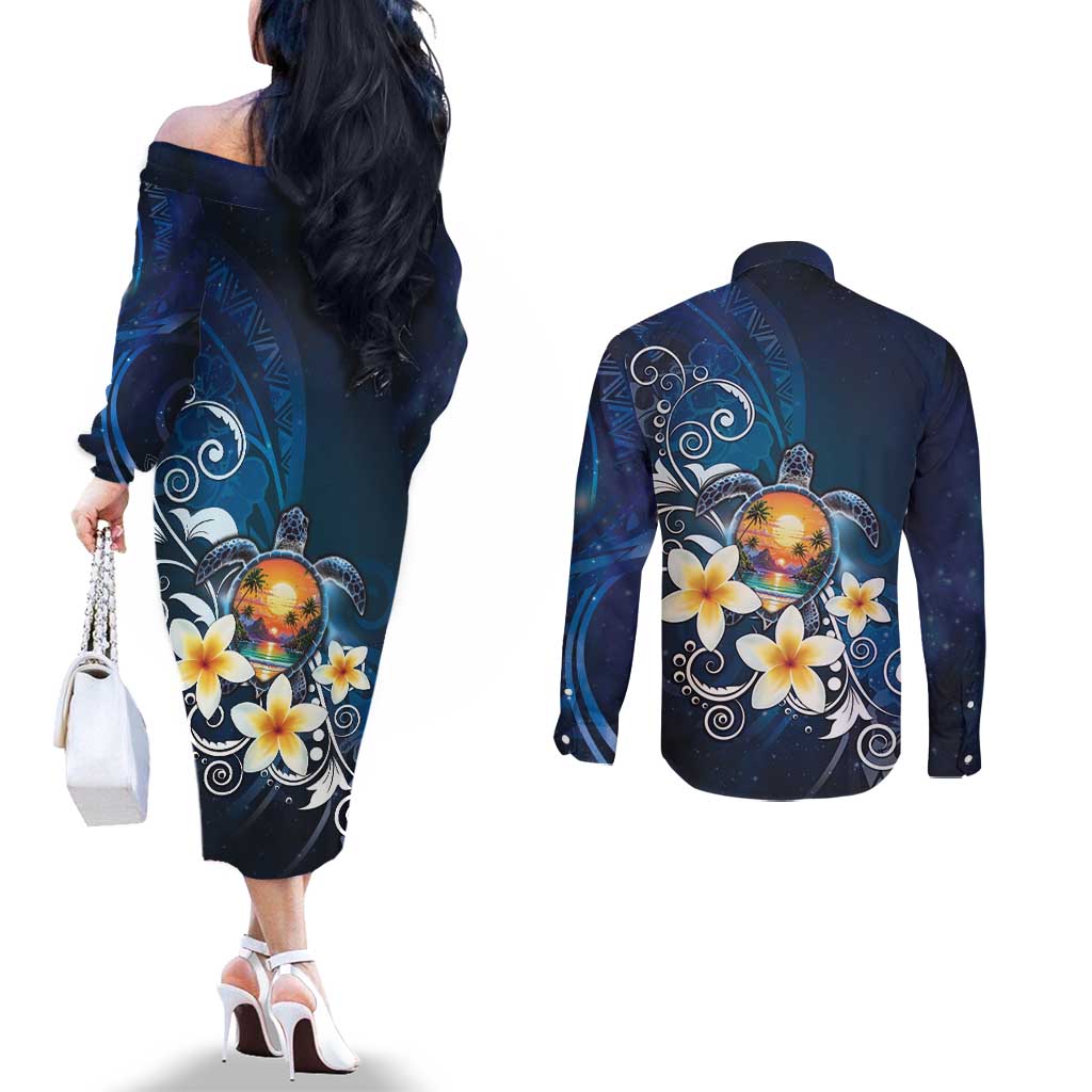 Hawaii Honu Couples Matching Off The Shoulder Long Sleeve Dress and Long Sleeve Button Shirt Polynesian Curves Plumeria - Polynesian Pride