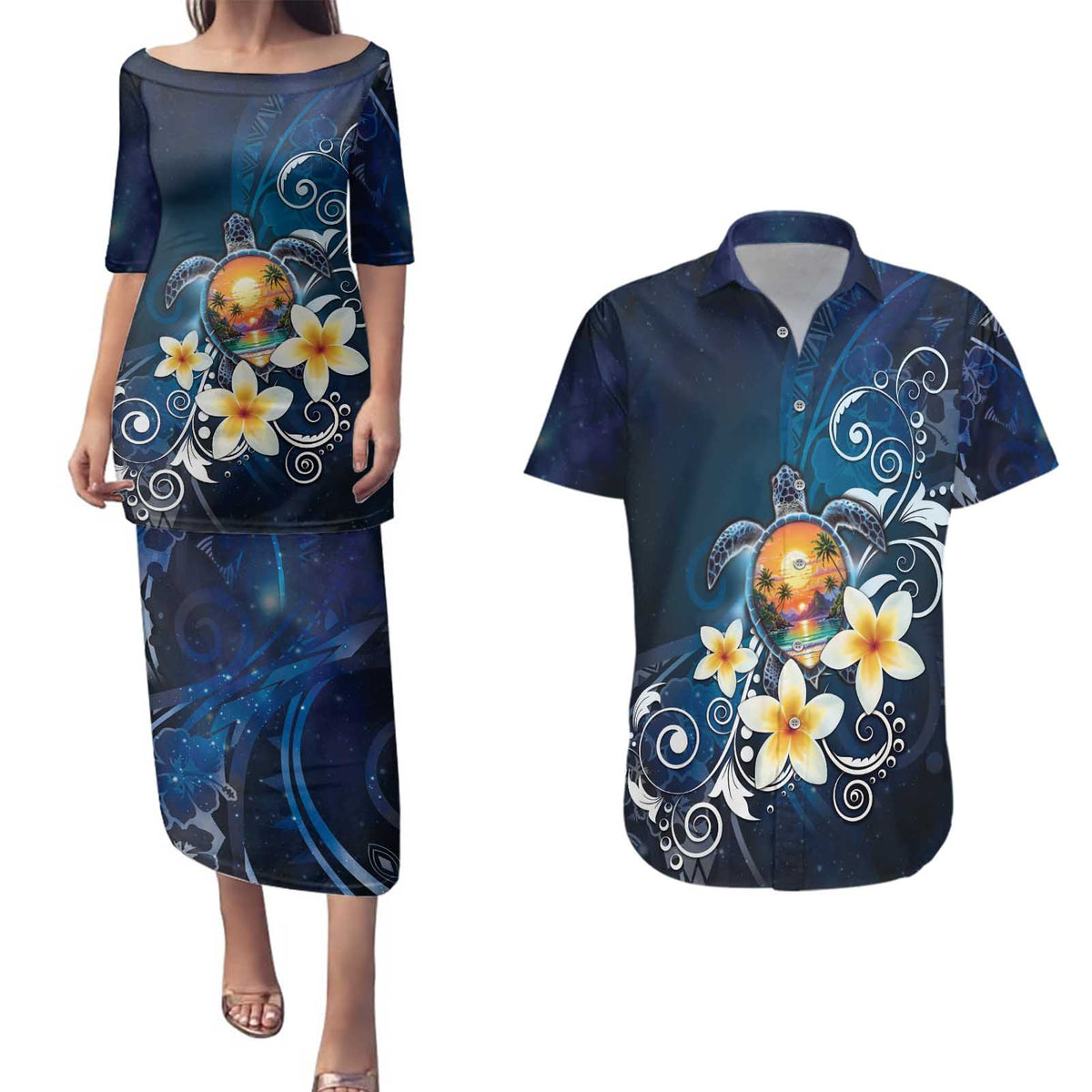 Hawaii Honu Couples Matching Puletasi and Hawaiian Shirt Polynesian Curves Plumeria - Polynesian Pride