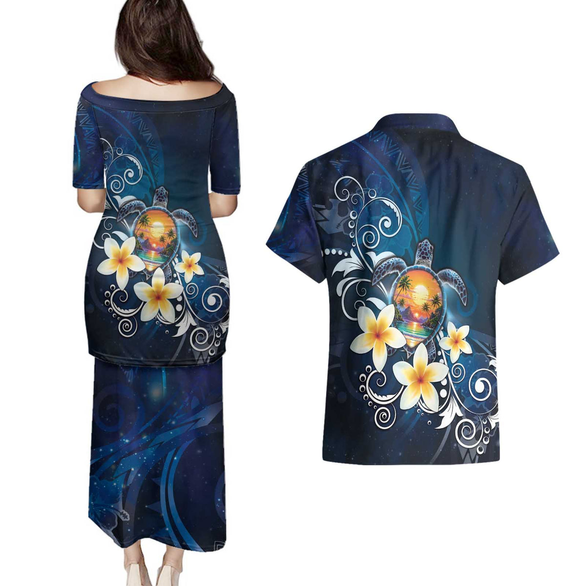 Hawaii Honu Couples Matching Puletasi and Hawaiian Shirt Polynesian Curves Plumeria - Polynesian Pride