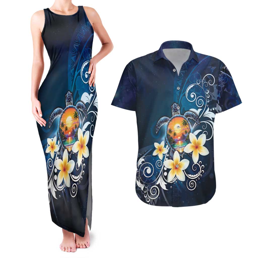 Hawaii Honu Couples Matching Tank Maxi Dress and Hawaiian Shirt Polynesian Curves Plumeria - Polynesian Pride
