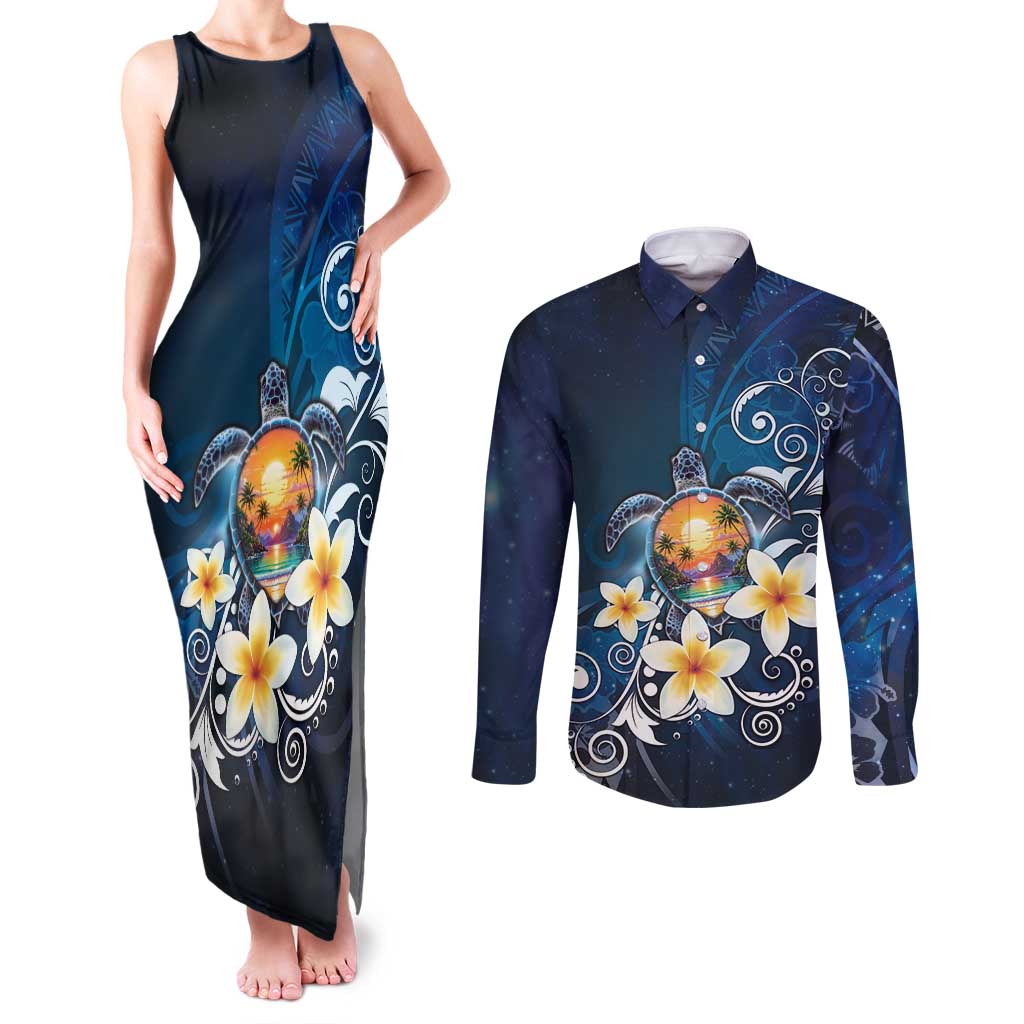 Hawaii Honu Couples Matching Tank Maxi Dress and Long Sleeve Button Shirt Polynesian Curves Plumeria - Polynesian Pride
