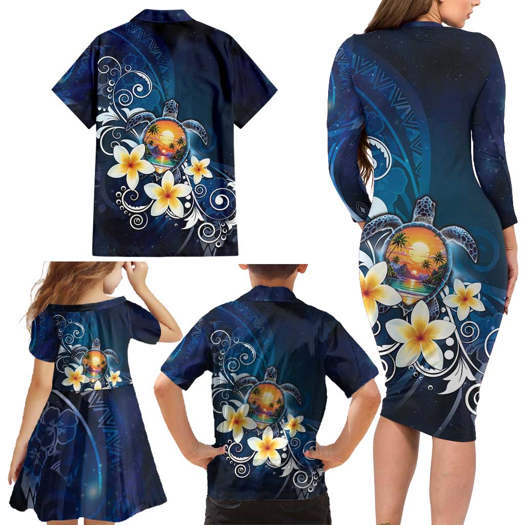 Hawaii Honu Family Matching Long Sleeve Bodycon Dress and Hawaiian Shirt Polynesian Curves Plumeria LT05 - Polynesian Pride
