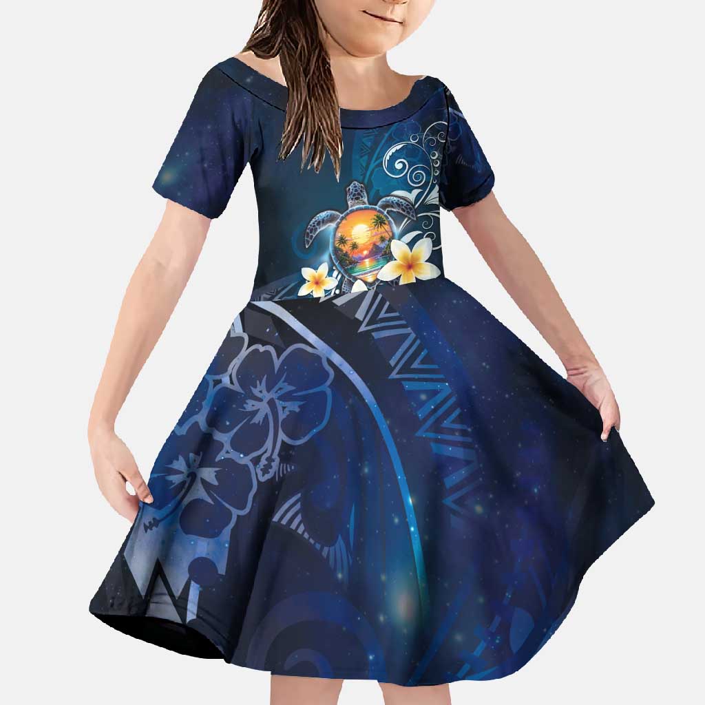 Hawaii Honu Family Matching Mermaid Dress and Hawaiian Shirt Polynesian Curves Plumeria LT05 Daughter's Dress Navy - Polynesian Pride