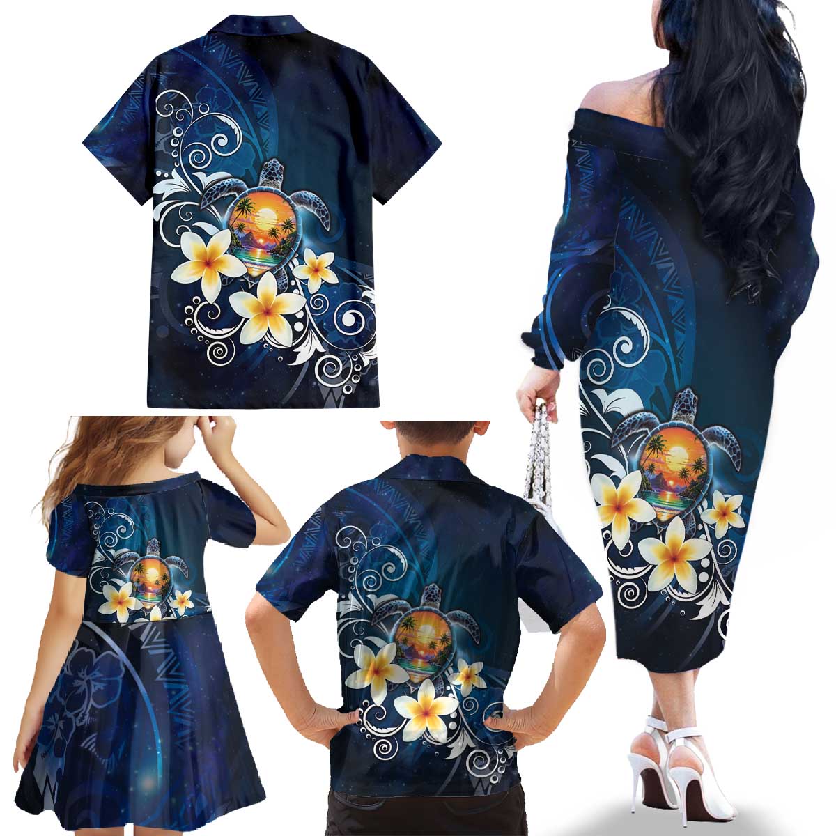 Hawaii Honu Family Matching Off The Shoulder Long Sleeve Dress and Hawaiian Shirt Polynesian Curves Plumeria LT05 - Polynesian Pride