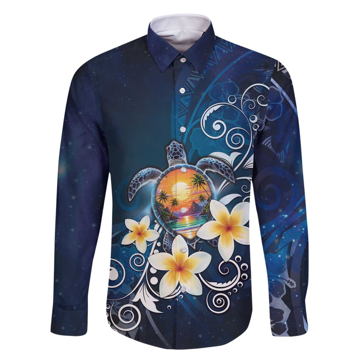 Hawaii Honu Family Matching Off The Shoulder Long Sleeve Dress and Hawaiian Shirt Polynesian Curves Plumeria LT05 Dad's Shirt - Long Sleeve Navy - Polynesian Pride