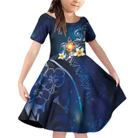 Hawaii Honu Family Matching Off Shoulder Short Dress and Hawaiian Shirt Polynesian Curves Plumeria LT05 Daughter's Dress Navy - Polynesian Pride