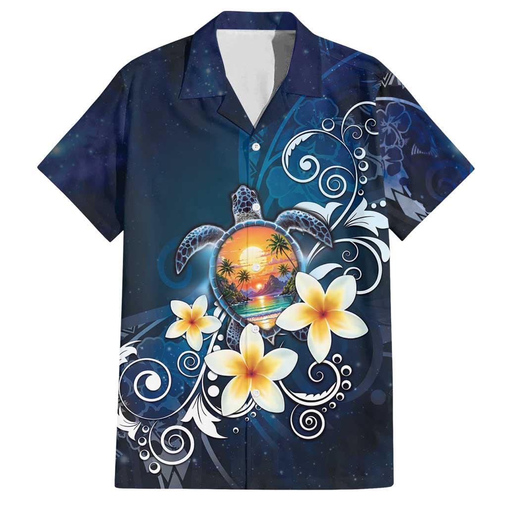 Hawaii Honu Family Matching Off Shoulder Short Dress and Hawaiian Shirt Polynesian Curves Plumeria LT05 Dad's Shirt - Short Sleeve Navy - Polynesian Pride