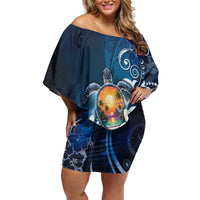 Hawaii Honu Family Matching Off Shoulder Short Dress and Hawaiian Shirt Polynesian Curves Plumeria LT05 Mom's Dress Navy - Polynesian Pride