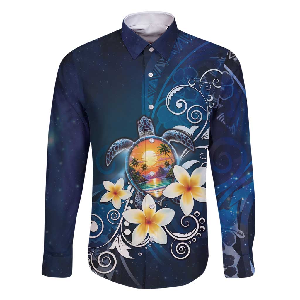 Hawaii Honu Family Matching Short Sleeve Bodycon Dress and Hawaiian Shirt Polynesian Curves Plumeria LT05 Dad's Shirt - Long Sleeve Navy - Polynesian Pride
