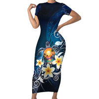 Hawaii Honu Family Matching Short Sleeve Bodycon Dress and Hawaiian Shirt Polynesian Curves Plumeria LT05 Mom's Dress Navy - Polynesian Pride
